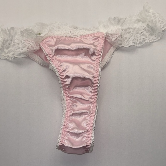 Coquette Girlie Pink Silky Satin Lace & Rosette Trim‎ Feminine Thong Panties NWT - Picture 9 of 13